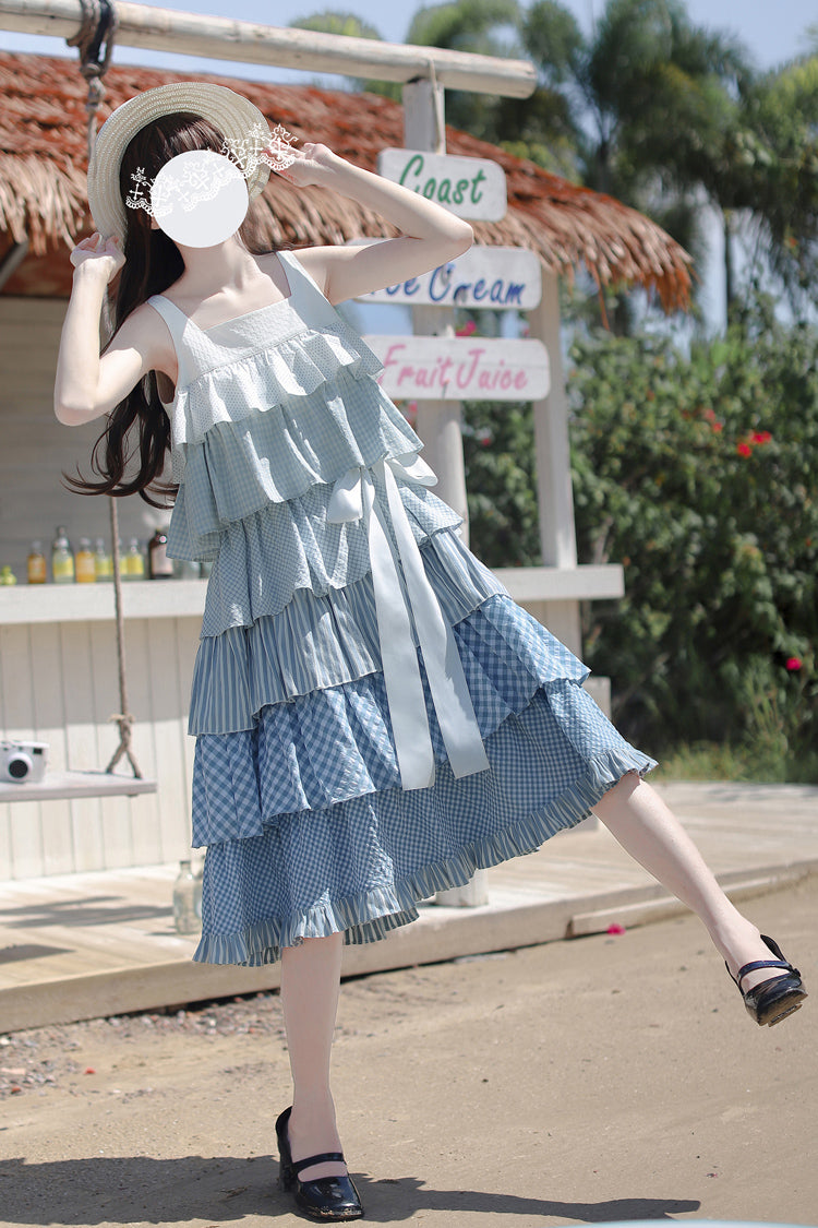 Blue [Go To The Beach] Multi-Layered Print Ruffle Holiday Sweet Lolita Jsk Dress - Product - 14