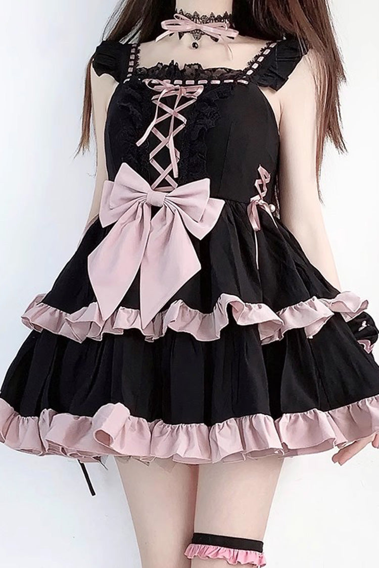 Black/Pink Double Layer Ruffle Bowknot Lace-Up Sweet Princess Lolita Jsk Dress - Product - 5
