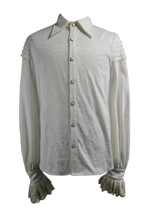 Beige Embroidered Ruffled Sleeves Jacquard Mens Gothic Blouse - Product - 5