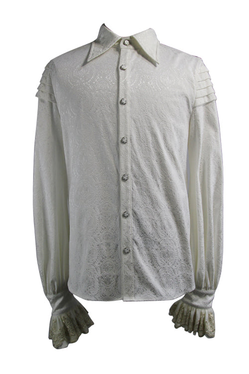 Beige Embroidered Ruffled Sleeves Jacquard Mens Gothic Blouse - Product - 5