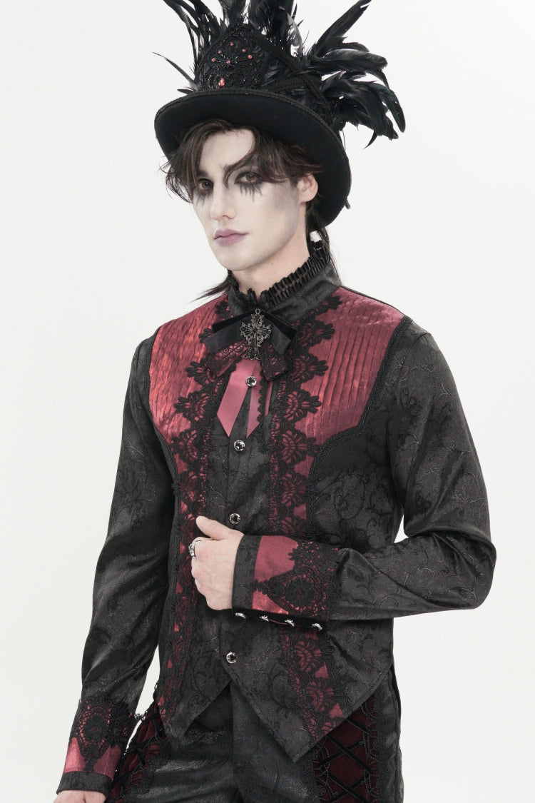 Red Stand Collar Long Sleeves Jacquard Embroidered Bow Lace Men's Gothic Palace Shirt - Product - 9