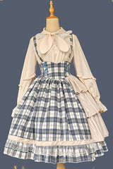 Grey/Blue [Morning Tune] Sleeveless High Waisted Print Ruffle Asymmetric Sweet Lolita Strap Dress - Product - 11