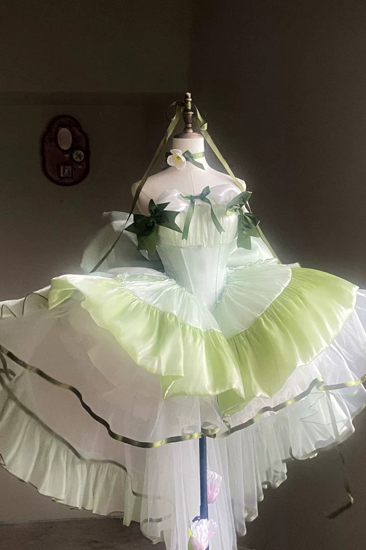 Green [Forest Princess] Off Shoulder Ruffled Bow Patchwork Sweet Lolita Dress - Product - 3