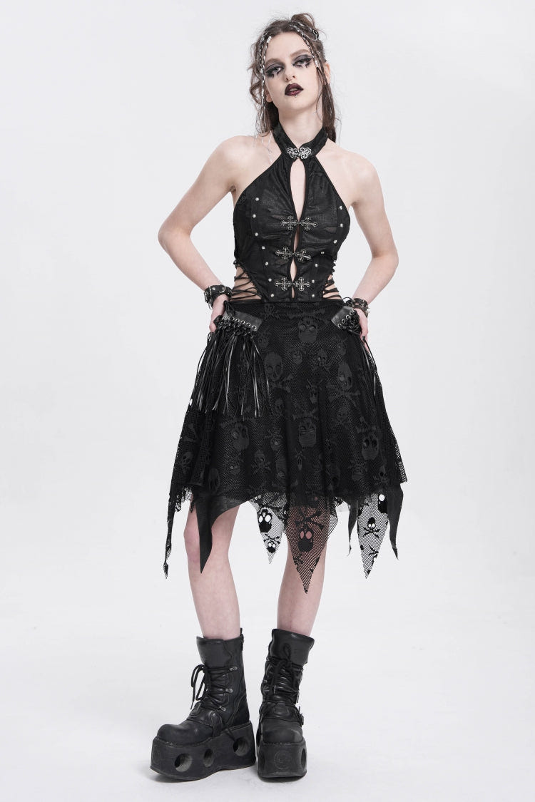 Black Halterneck Sleeveless Skull Print Irregular Women's Punk Dress - Product - 4