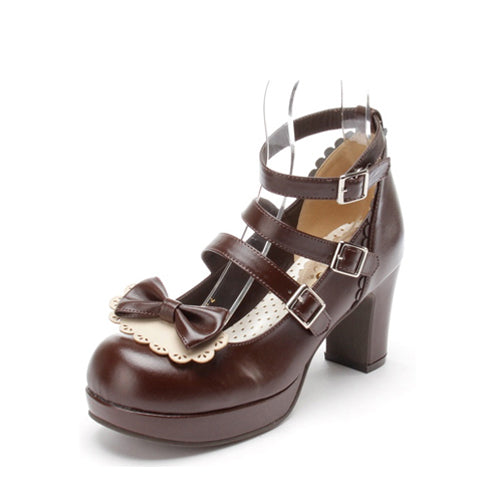 Brown Cute Lace Bowknot High Heel Sweet Lolita Shoes - Brown - 1