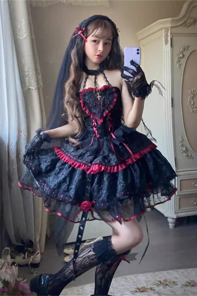Black/Red Witch Vampire Rose Long Sleeves Print Ruffle Lace-Up Gothic Punk Lolita Dress - Product - 2