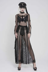 Black Round Collar Long Sleeves Cut-Out Sheer Eyelet Women's Punk Bat Cross Mesh T-Shirt - Product - 5