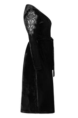 Black Velvet Sexy V-Neck Hollow Out Exquisite Applique Hem Slit Design Corded Long Women's Plus Size Gothic Dress - Product - 6
