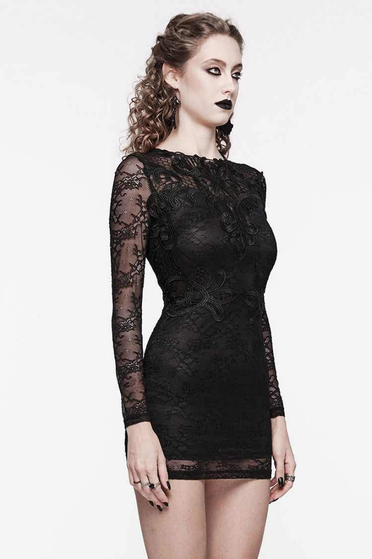 Black Floral Embroidery Lace Women's Gothic Dress - Product - 2