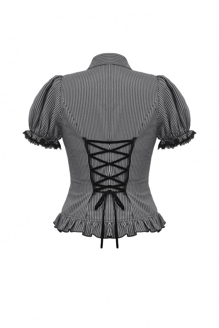 Black/Grey Short Puff Sleeves Lace-Up Striped Double-Breasted Women's Gothic College Style Blouse - Product - 15