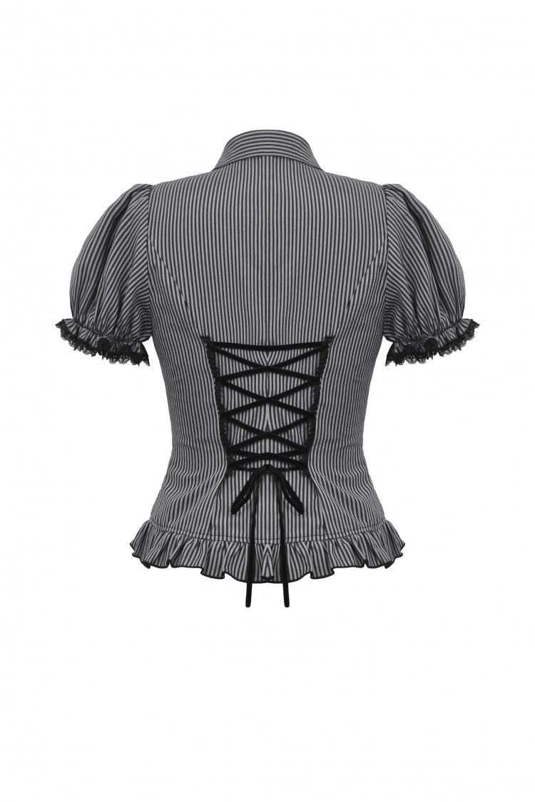 Black/Grey Short Puff Sleeves Lace-Up Striped Double-Breasted Women's Gothic College Style Blouse - Product - 15