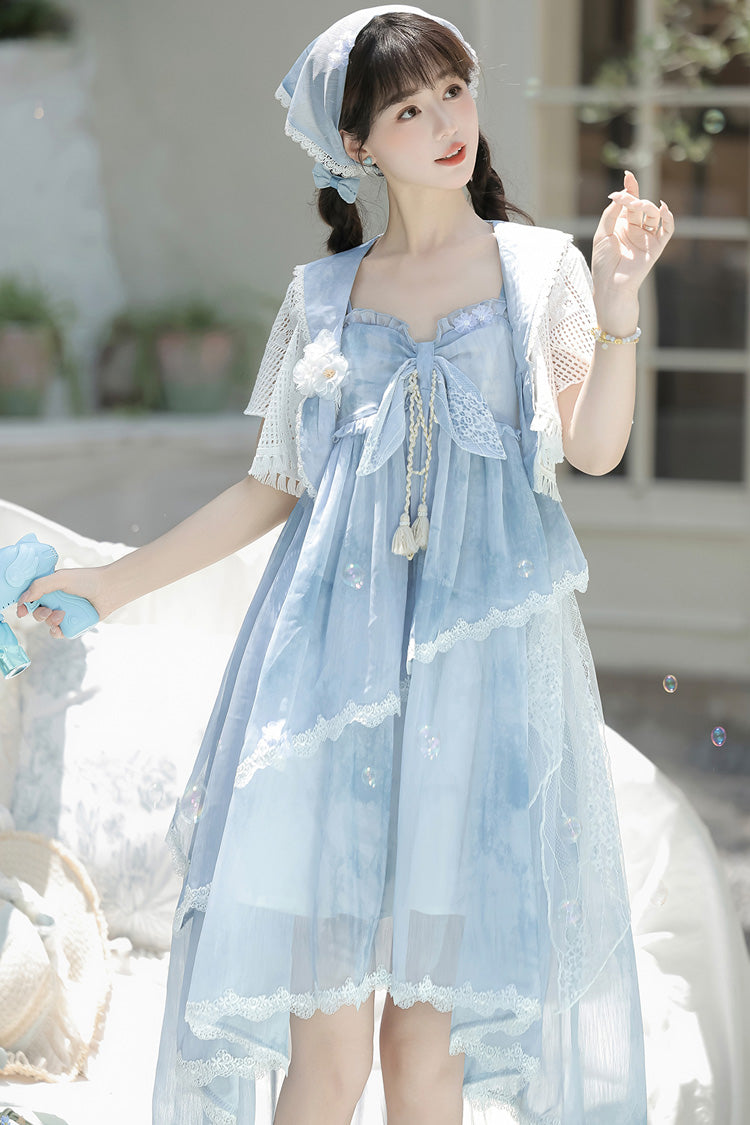 Blue [Clouds Resting in the Wilderness] Print Ruffle Embroidery Bowknot Lace Irregular Lolita Jsk Dress - Product - 11