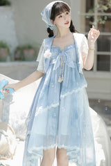 Blue [Clouds Resting in the Wilderness] Print Ruffle Embroidery Bowknot Lace Irregular Lolita Jsk Dress - Product - 11