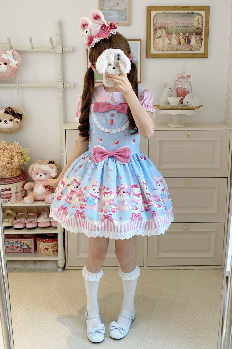 Blue/Pink [Cupid Bunny] Printed Sleeveless Bow Sweet Princess Lolita Strap Dress - Product - 6