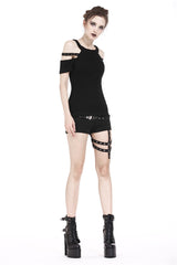 Black Off Shoulder Straps Short Sleeves Cut-Out Women's T-Shirt - Product - 11