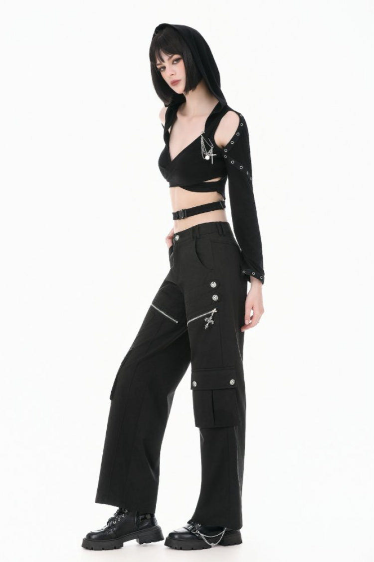 Black Women's Punk Big Pocket Cross Zippered Eyelet Cargo Pants - Product - 2