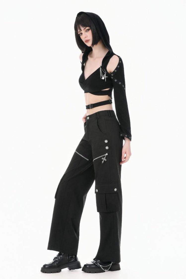 Black Women's Punk Big Pocket Cross Zippered Eyelet Cargo Pants - Product - 2