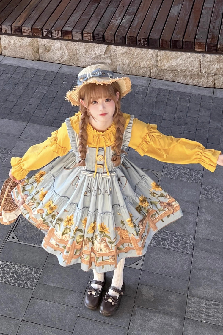 Cat and Sunflower Print Bowknot Sweet Lolita Jsk Dress 2 Colors - Product - 6