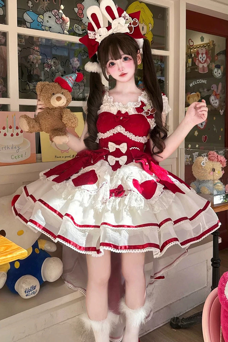 Red [Velvet Rabbit] Sleeveless Multi-Layered Ruffled Bow Sweet Lolita Jsk Dress Set - Product - 3