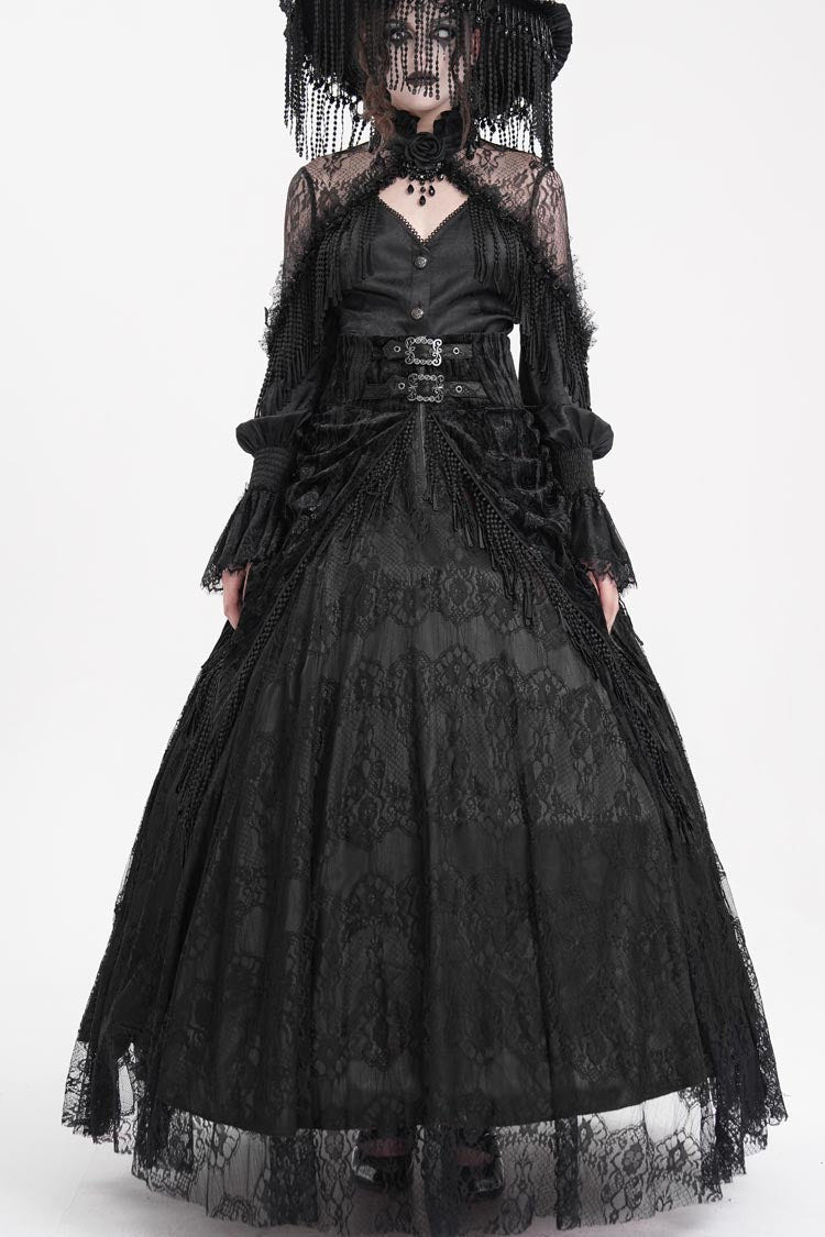 Black Print Embroidery Tassels Buckle-up Lace-Up Women's Gothic Long Skirt - Product - 4
