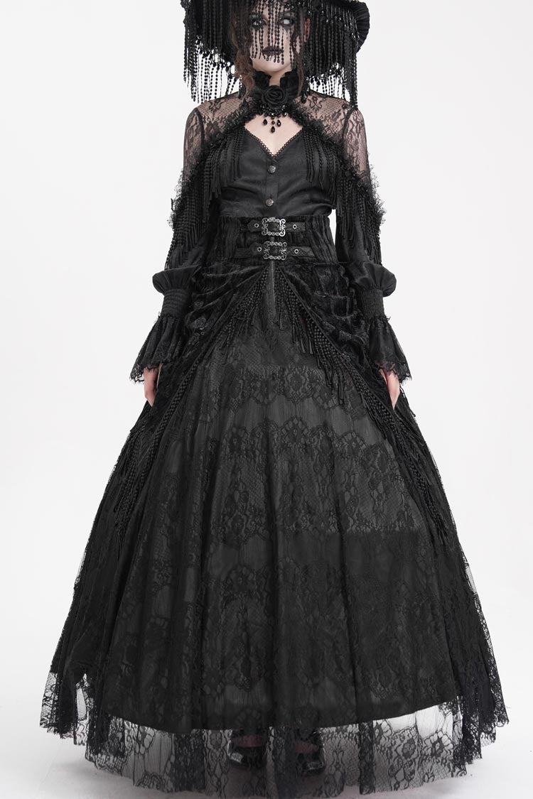 Black Print Embroidery Tassels Buckle-up Lace-Up Women's Gothic Long Skirt - Product - 4