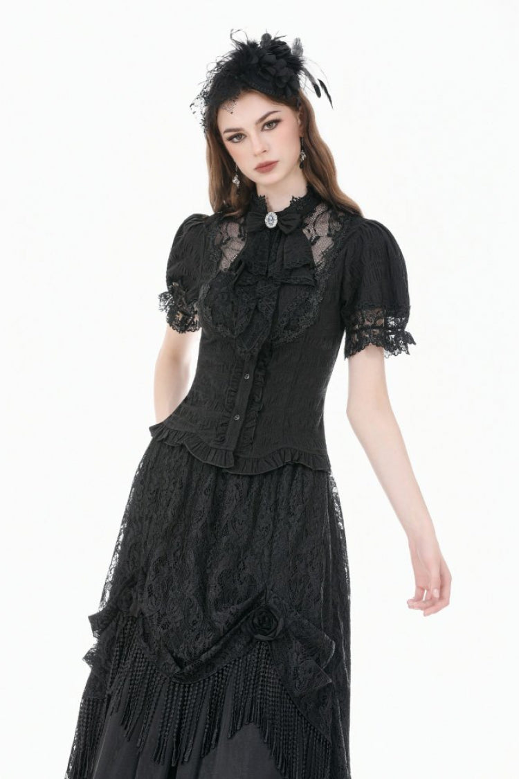 Black Stand Collar Short Puff Sleeves Sheer Lace Lace-Up Women's Gothic Blouse with Detachable Bowknot - Product - 6