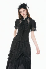 Black Stand Collar Short Puff Sleeves Sheer Lace Lace-Up Women's Gothic Blouse with Detachable Bowknot - Product - 6