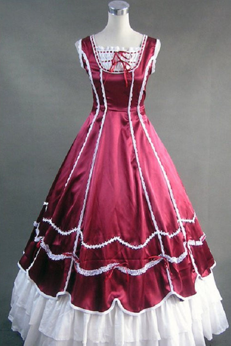 Wine Red Cotton Square Collar Sleeveless Floor Length Multi-Layer Pleats Victorian Gothic Lolita Dress - Wine - 1