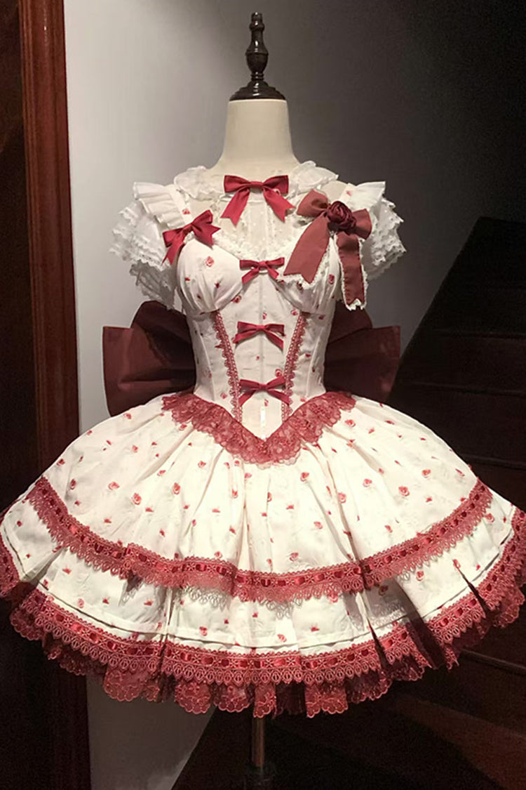 Wine Red [First Love Rose] Multi-Layered Print Ruffle Bowknot Lace Sweet Lolita Jsk Dress Set - Red - 1