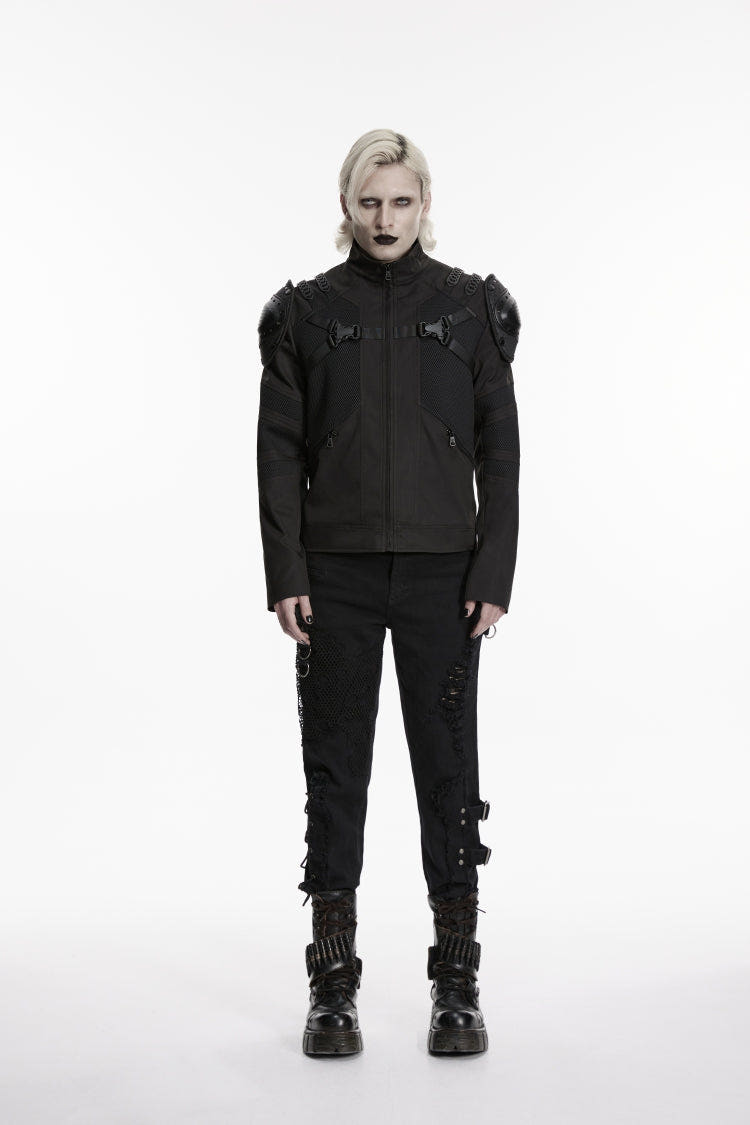 Black Stand Collar Long Sleeves Buckled Zippered Eyelet Men's Punk Handsome Cool Armor Coat - Black - 1
