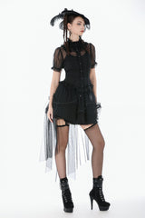 Black Multi-Layered Ruffled Lace Short Puff Sleeves Sheer Women's Courtly Gothic Blouse - Product - 6