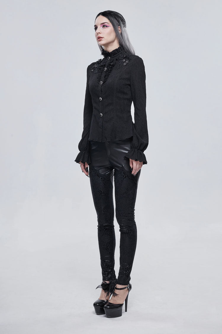 Black Lace High Neck Three Dimensional Embroidered Lantern Trumpet Sleeves Women's Gothic Shirt - Product - 4