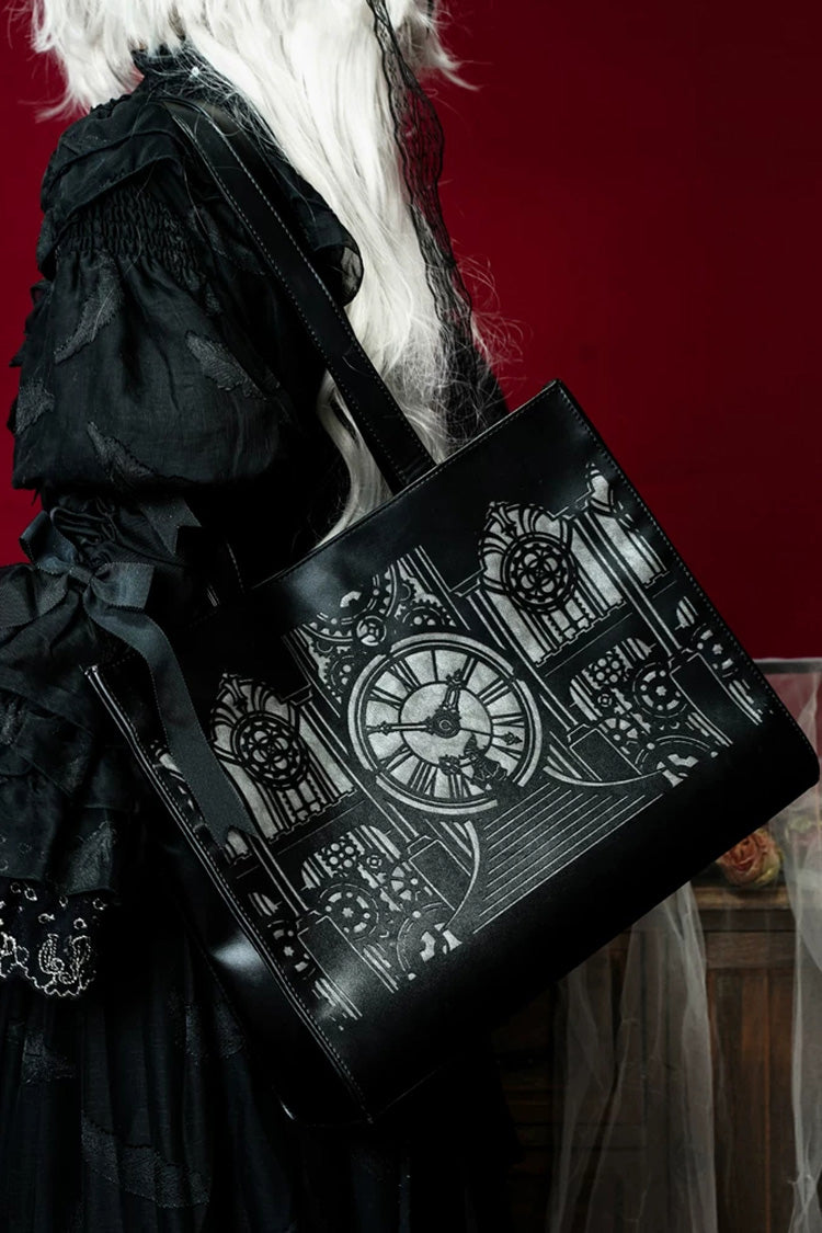 Black [Clock Tower] Printed Gothic Lolita Handbag - Product - 4