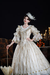 Champagne Long Puff Sleeves Ruffled Cut-Out Mesh Classic Vintage Palace Lolita Victorian Dress - Product - 5
