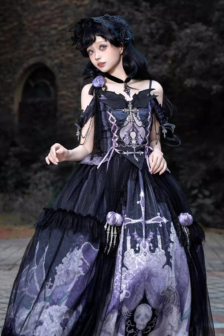 Black/Blue [Skull Magic] Print Ruffle Bowknot Gothic Elegant Lolita Skirt Two-Piece Set - Product - 10