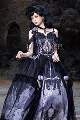 Black/Blue [Skull Magic] Print Ruffle Bowknot Gothic Elegant Lolita Skirt Two-Piece Set - Product - 10