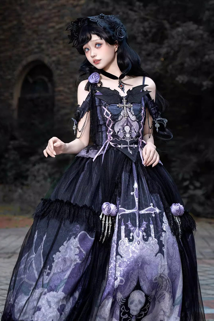 Black/Blue [Skull Magic] Print Ruffle Bowknot Gothic Elegant Lolita Skirt Two-Piece Set - Product - 10