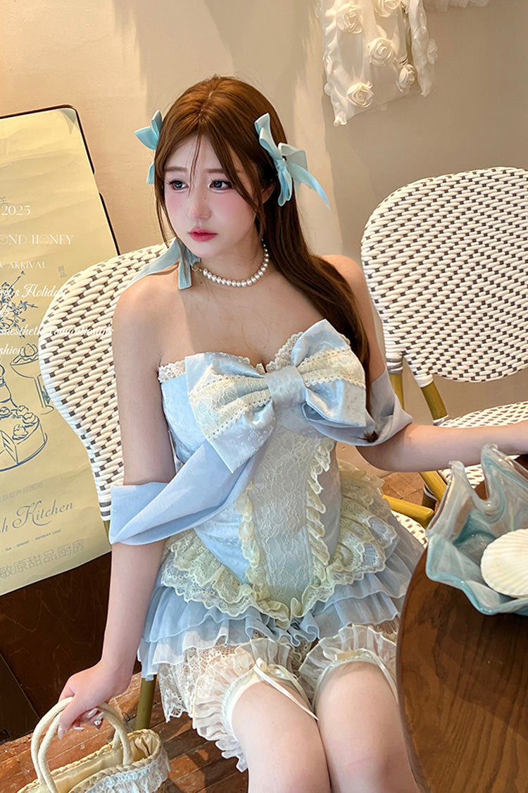 Blue [Antique Girl] Sleeveless Double-Layered Ruffle Bowknot Lace Sweet Lolita Two-piece Skirt Set - Product - 4