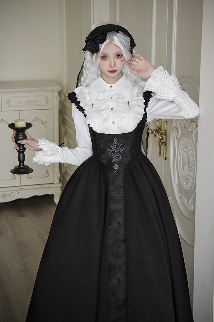 Black Cross Snake Pattern Print Embroidery Gothic Lolita Strap Dress - Product - 10