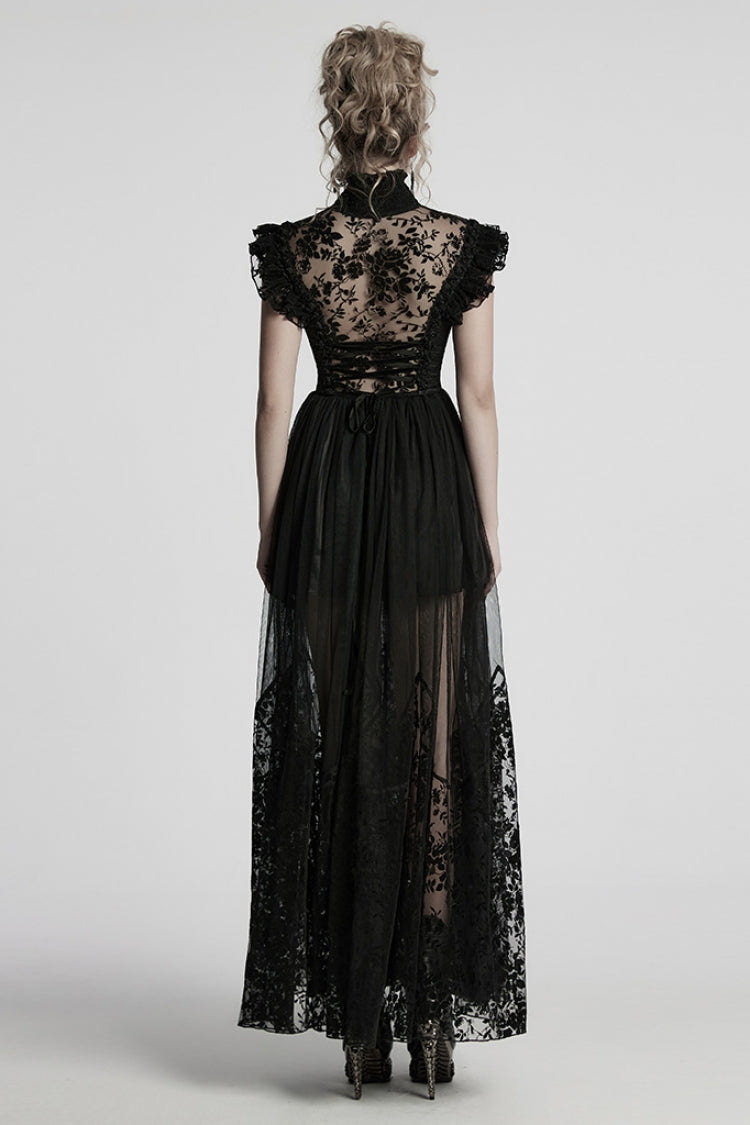 Black Stand Collar Hollow Embroidery Flocking Mesh Women's Gothic Formal Dress - Product - 3