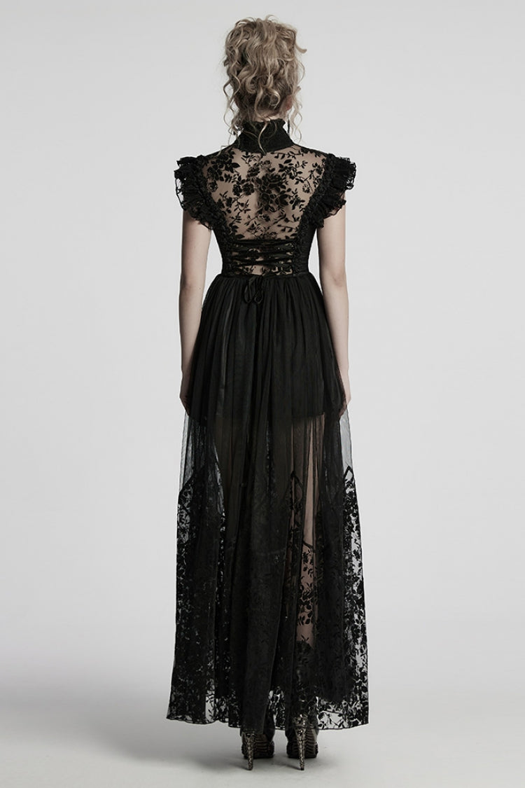 Black Stand Collar Hollow Embroidery Flocking Mesh Women's Gothic Formal Dress - Product - 3