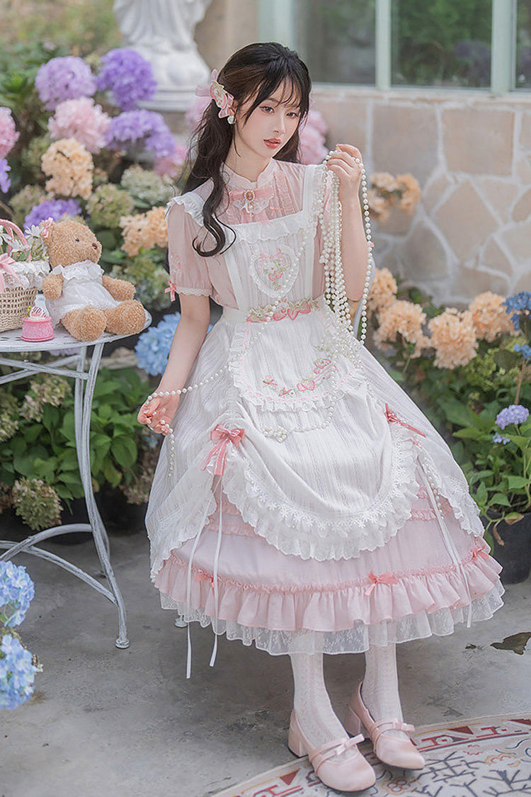 Pink Stand Collar Short Sleeves Ruffled Embroidered Lace Sweet Chinese Inspired Lolita Dress - Product - 11