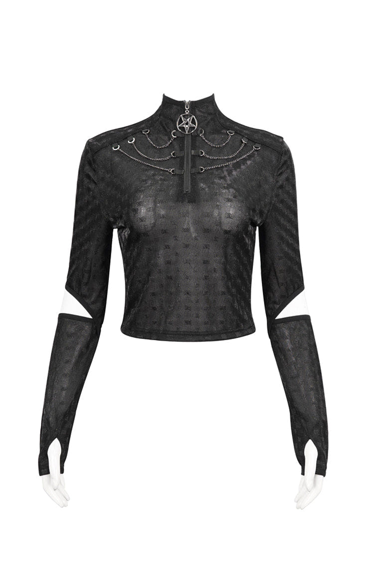 Black Mid-High Collar Front Neck Zipper Hanging Chain Mesh Fabric Long Sleeve Women's Punk T-Shirt - Black - 1