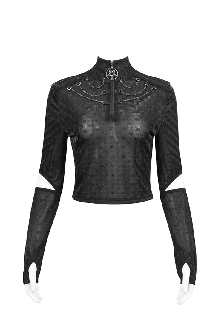Black Mid-High Collar Front Neck Zipper Hanging Chain Mesh Fabric Long Sleeve Women's Punk T-Shirt - Black - 1