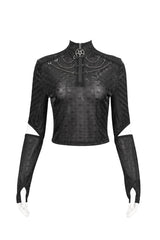 Black Mid-High Collar Front Neck Zipper Hanging Chain Mesh Fabric Long Sleeve Women's Punk T-Shirt - Black - 1