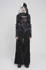 Black Stand Collar Long Sleeves Printed Spliced Lace-Up Asymmetric Buckled Women's Punk Blouse - Product - 2