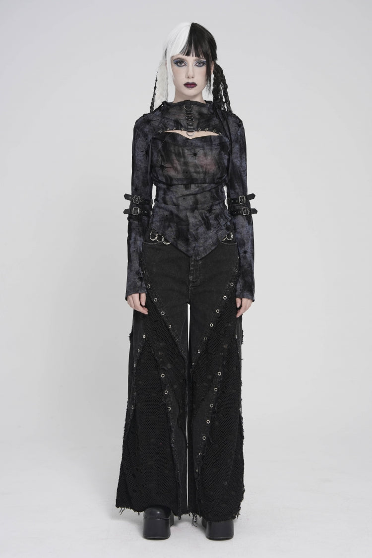 Black Stand Collar Long Sleeves Printed Spliced Lace-Up Asymmetric Buckled Women's Punk Blouse - Product - 2