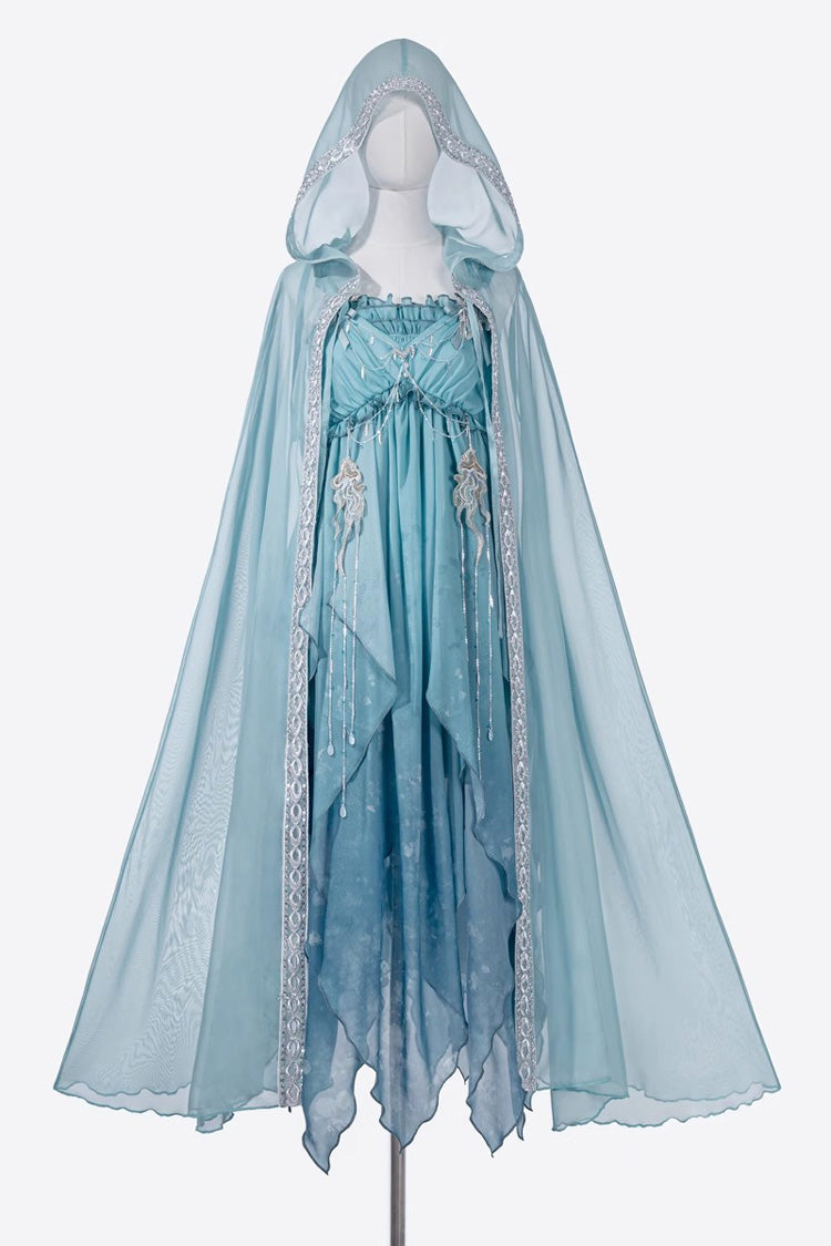 Blue [Ocean Sprite] Gradient Print Irregular Hooded Sweet Lolita Jsk Dress Cloak Set - Product - 3