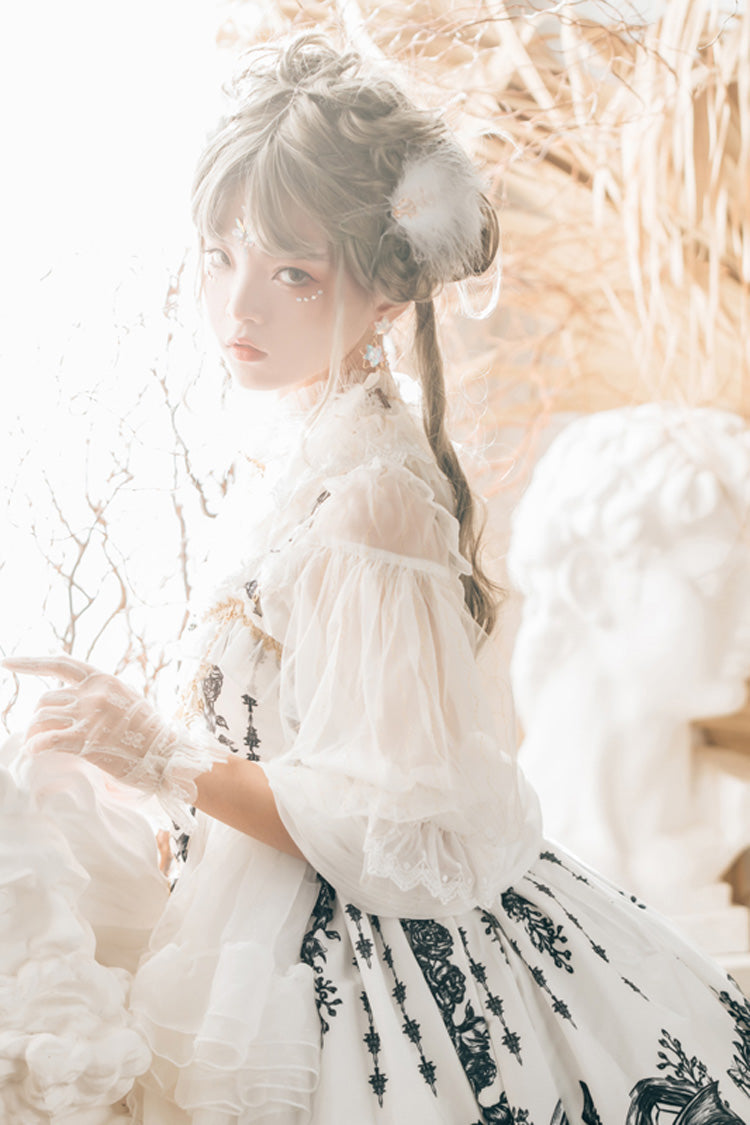 White Dragon Rider Print Ruffle Cardigan Bowknot Lace Gothic Lolita Jsk Dress - Product - 4