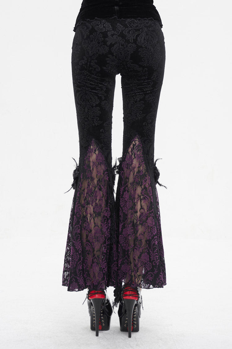 Black/Purple Printed Lace Embroidered Women's Gothic Flared Pants - Product - 6